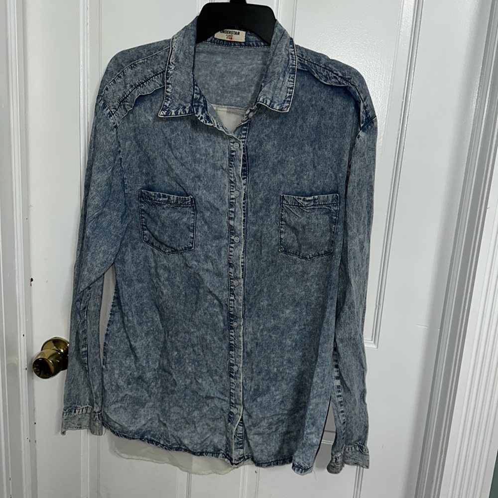 Understar Los Angelos button down Denim flowy shirt with sheer back large